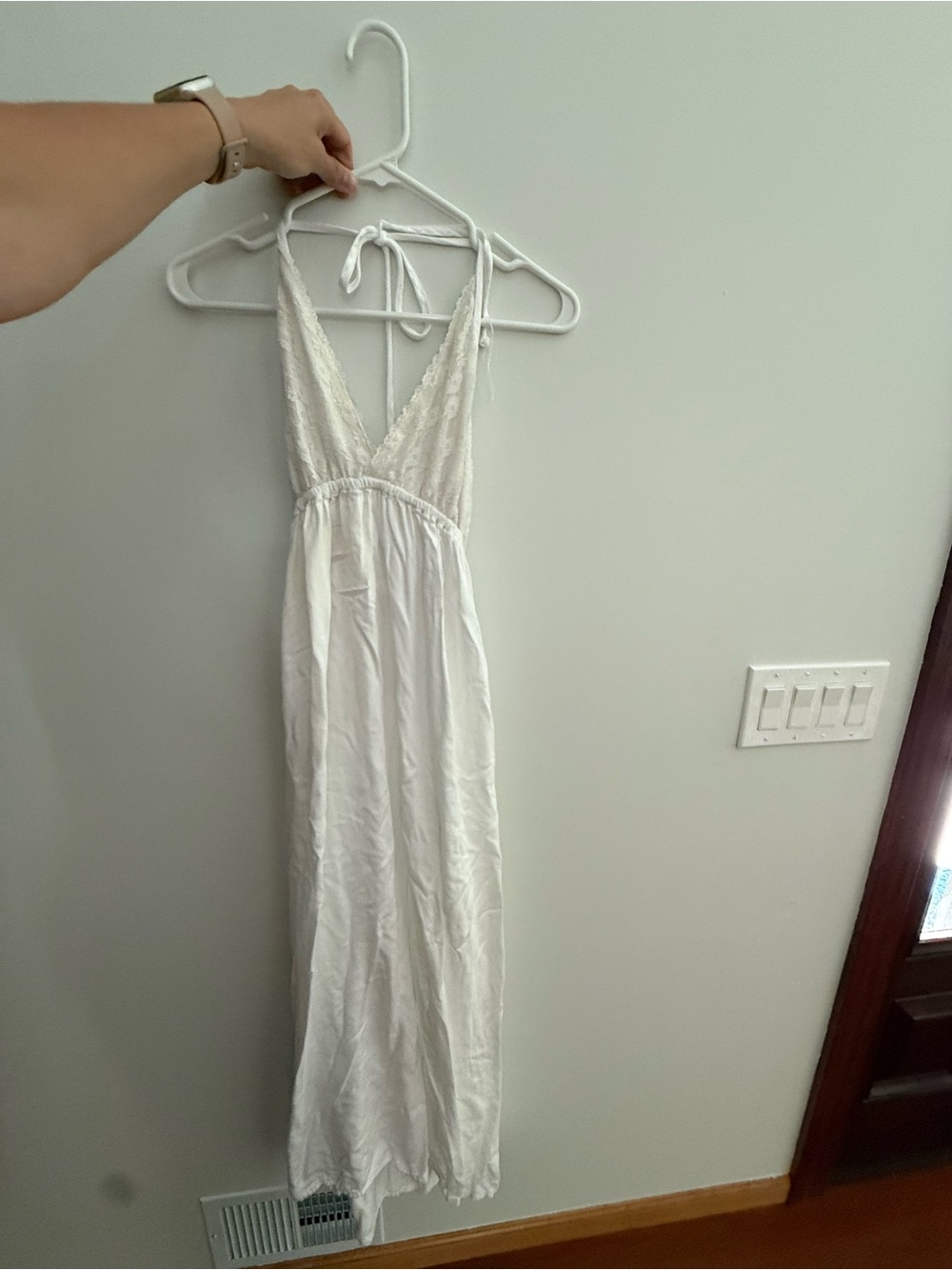 White Lace-Trim Halter Maxi Dress
